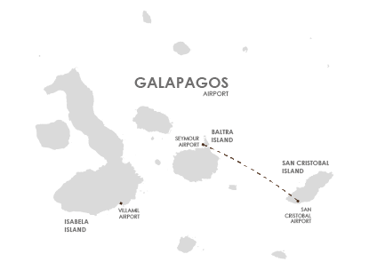 Map with flight route from Cristobal Island to Baltra Island